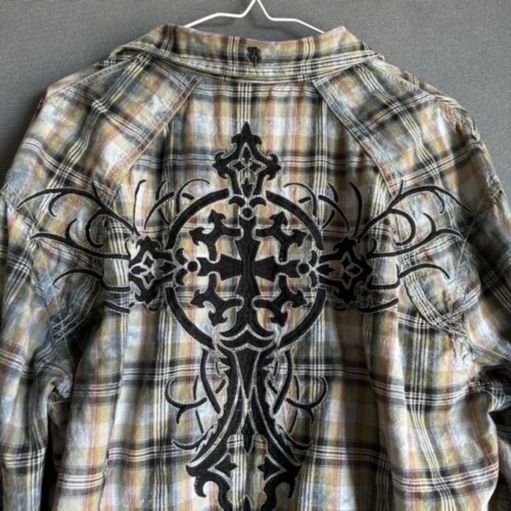 Roar Shirt Men XXL 2XL Multicolor Plaid Long Sleeve Button Up Embroidered Cross*